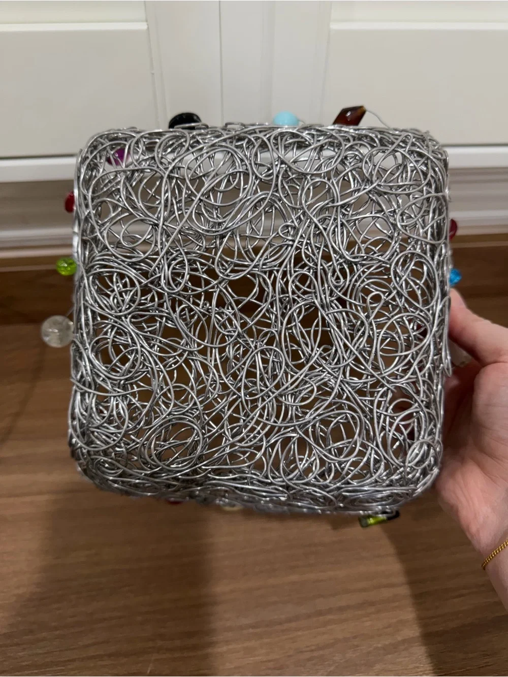 Decorative Silver Wire Basket with Multicolor Bead Accents